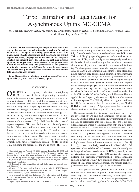 (PDF) Turbo Estimation and Equalization for Asynchronous Uplink MC-CDMA