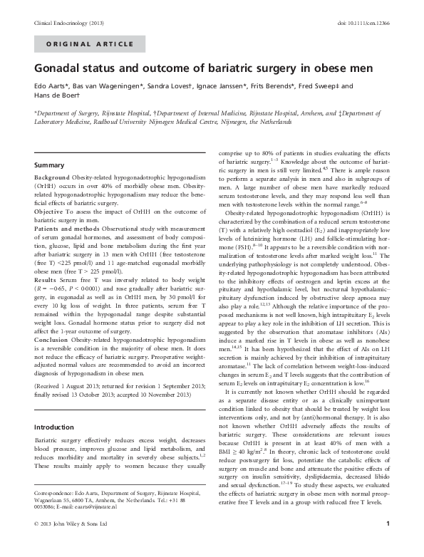 (PDF) Gonadal status and outcome of bariatric surgery in obese men