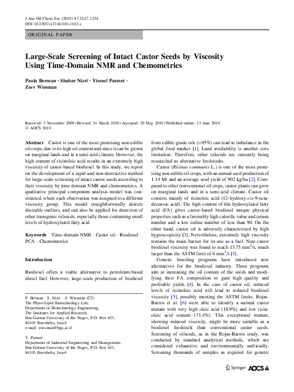 (PDF) Large-Scale Screening of Intact Castor Seeds by Viscosity Using ...