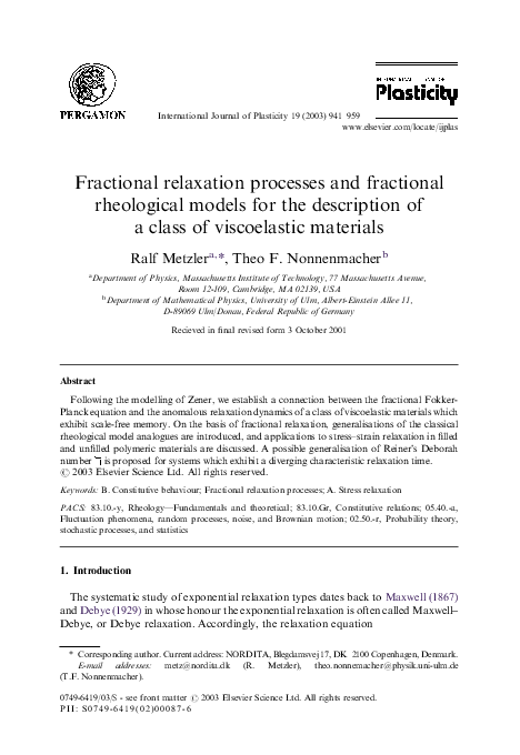 Pdf Fractional Relaxation Processes And Fractional Rheological Models For The Description Of A Class Of Viscoelastic Materials Ralf Metzler Academia Edu