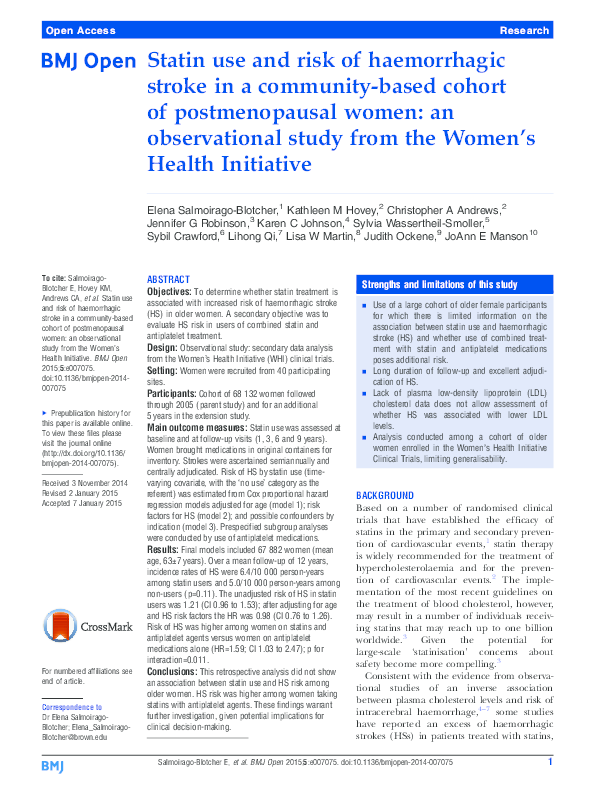 (PDF) Statin use and risk of haemorrhagic stroke in a communitybased cohort of postmenopausal