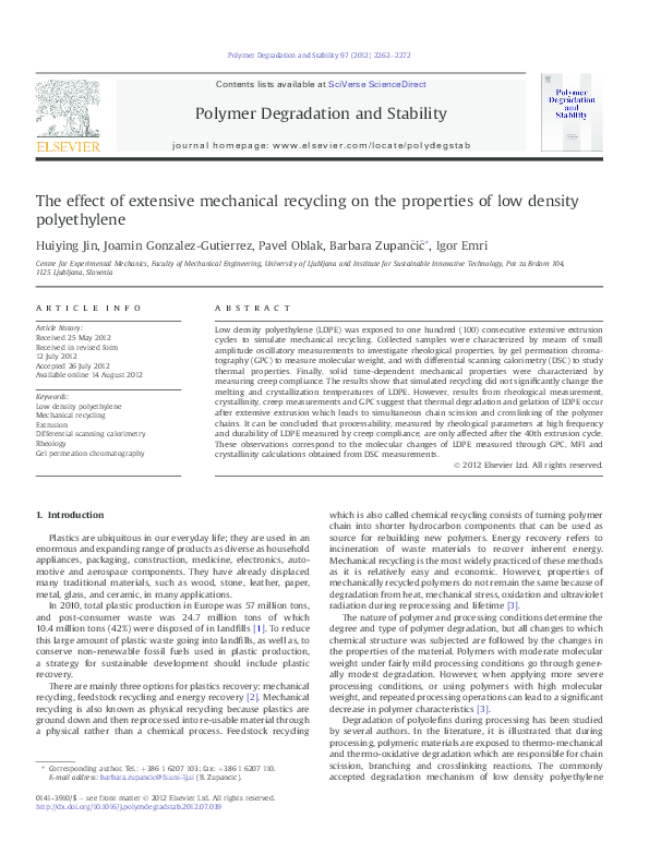 (PDF) The effect of extensive mechanical recycling on the properties of ...