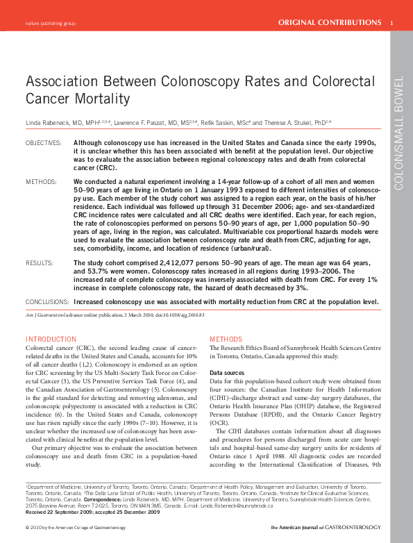(PDF) Association Between Colonoscopy Rates and Colorectal Cancer Mortality
