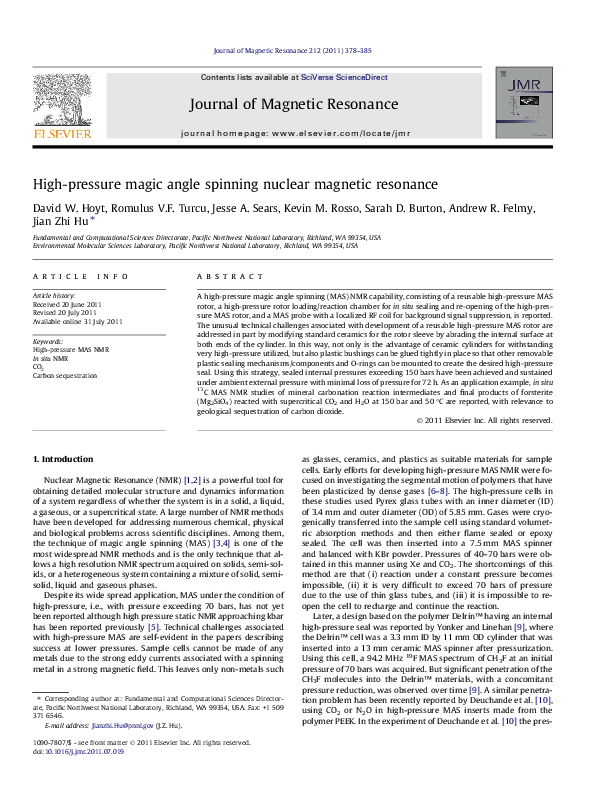 (PDF) High-pressure magic angle spinning nuclear magnetic resonance