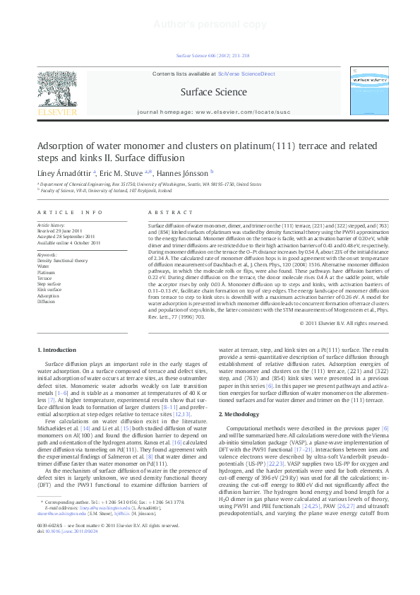 (PDF) Adsorption of water monomer and clusters on platinum(111) terrace ...