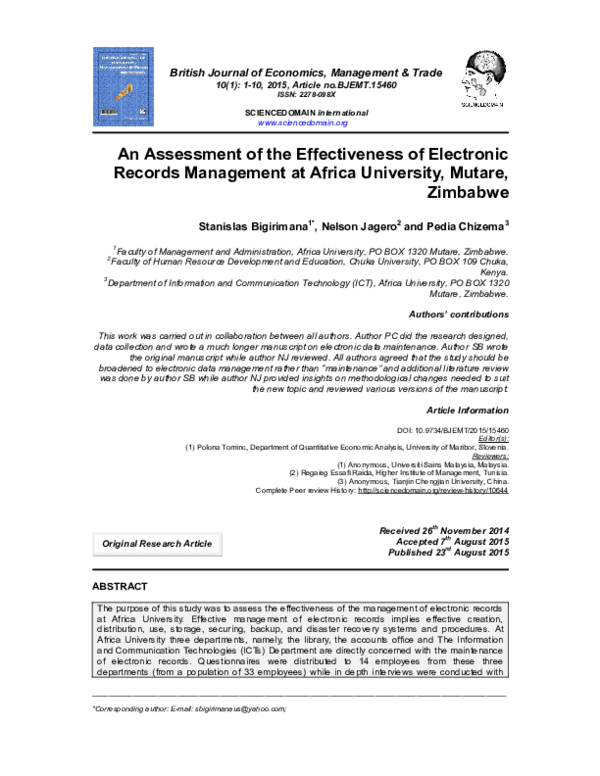 (PDF) An Assessment of the Effectiveness of Electronic Records ...