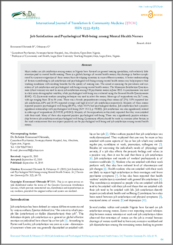 (PDF) Job Satisfaction and Psychological Well-being among Mental Health ...