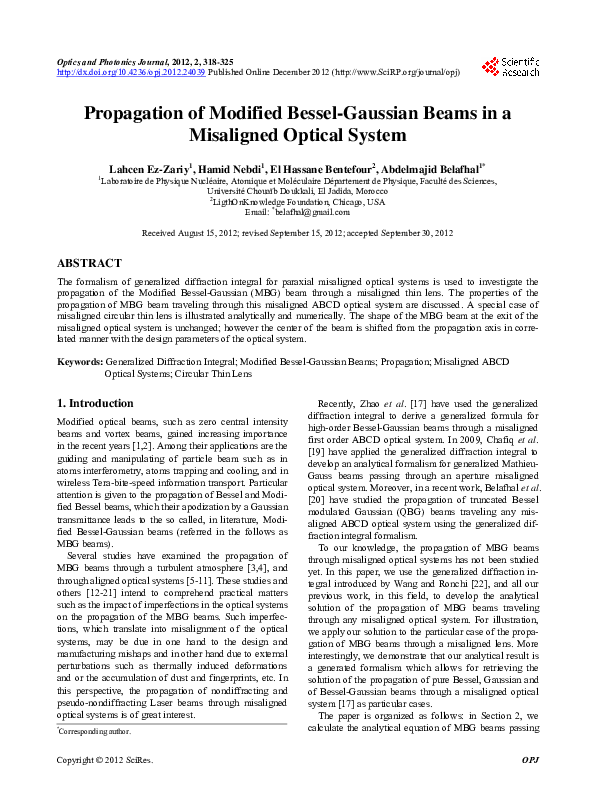 (PDF) Propagation of Modified Bessel-Gaussian Beams in a Misaligned ...