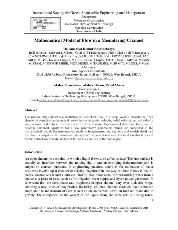 (PDF) Mathematical Model of Flow in a Meandering Channel