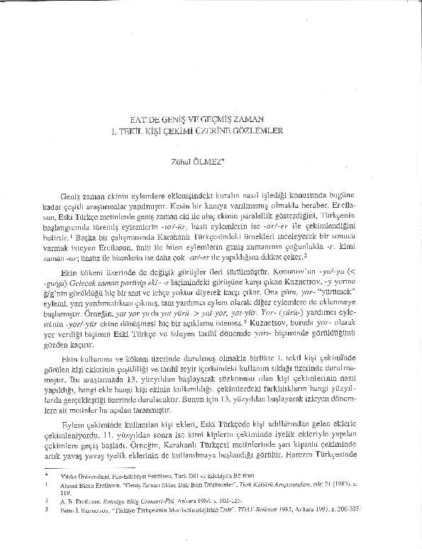 (PDF) EAT’de Geniş ve Geçmiş Zaman I. Tekil Kişi Çekimi Üzerine