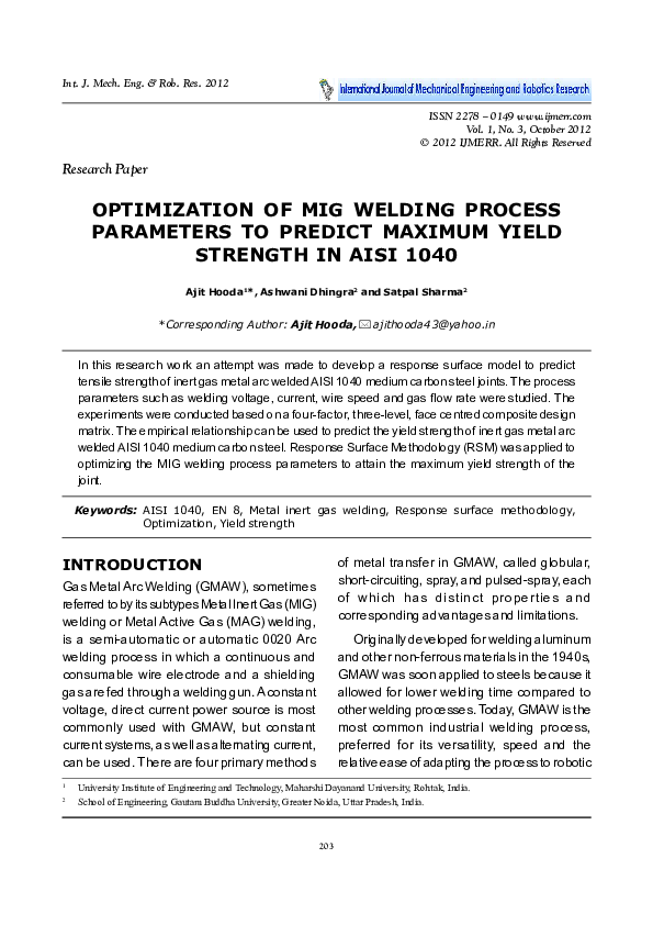 (PDF) OPTIMIZATION OF MIG WELDING PROCESS PARAMETERS TO PREDICT MAXIMUM