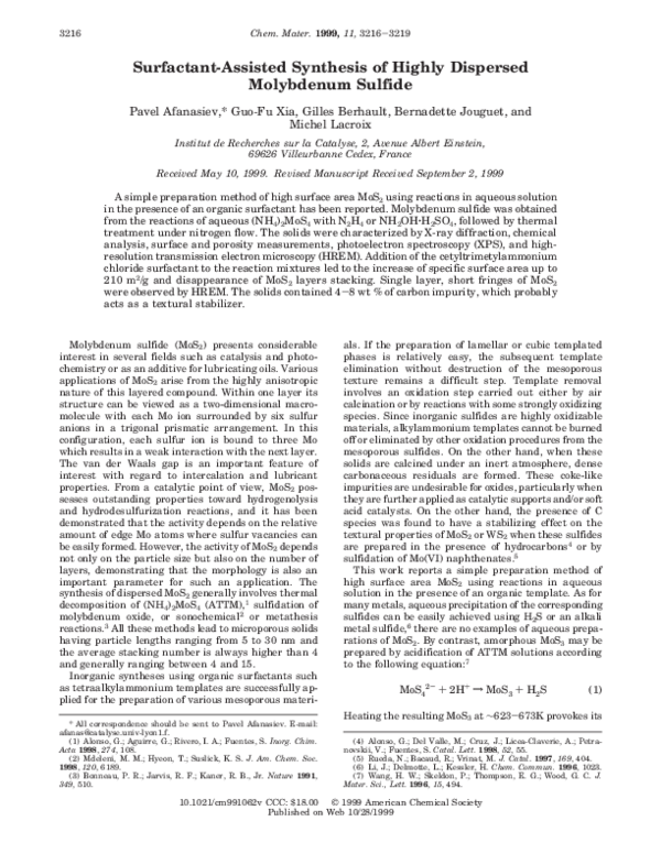 (PDF) Surfactant-Assisted Synthesis of Highly Dispersed Molybdenum Sulfide