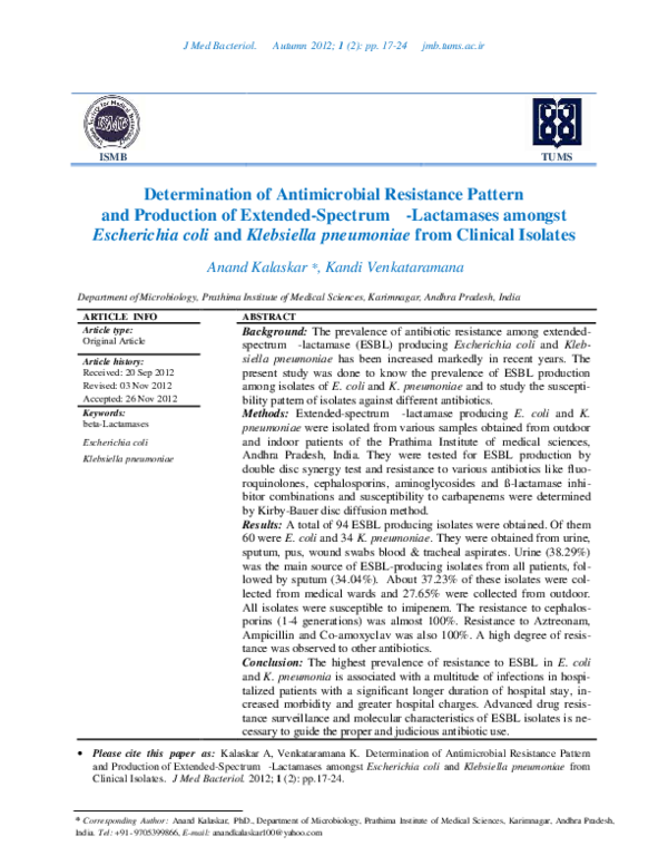 (PDF) Determination of Antimicrobial Resistance Pattern and Production ...