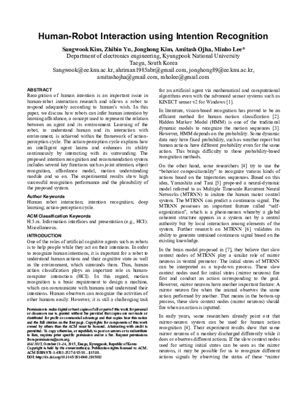 (PDF) Human-robot interaction using intention recognition