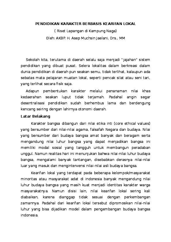 Doc Pendidikan Karakter Berbasis Kearifan Budaya Lokal Yanto Kissin Academia Edu