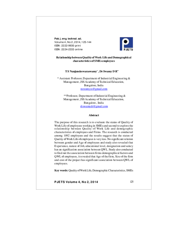 (PDF) Relationship between Quality of Work Life and Demographical ...