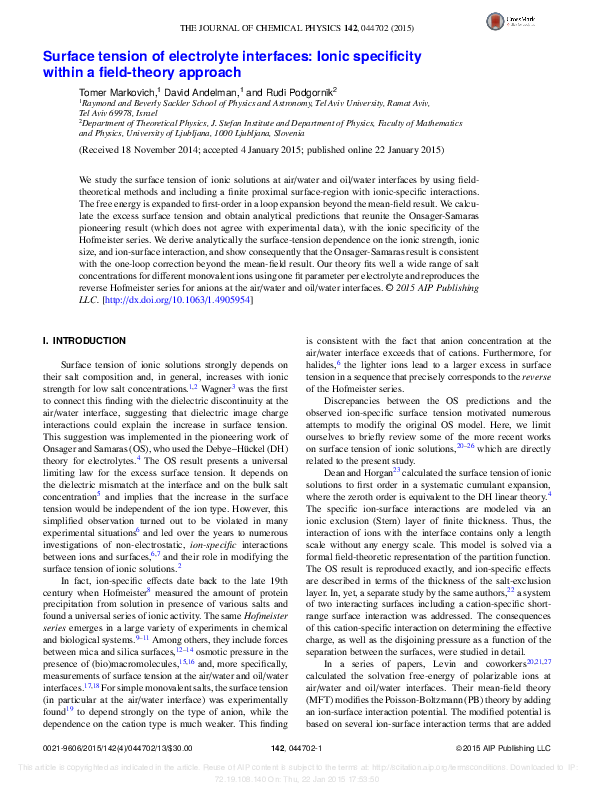(PDF) Surface tension of electrolyte interfaces: ionic specificity ...