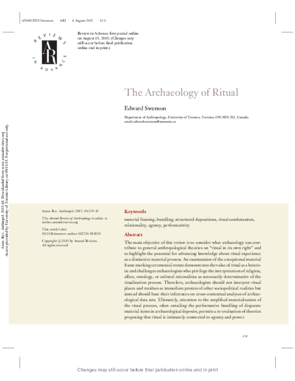 The Archaeology of Ritual. Annual Reviews of Anthropology 44:329-45.