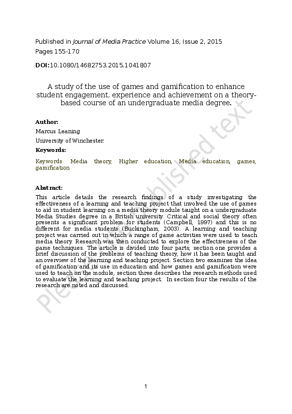 Doc A Study Of The Use Of Games And Gamification To Enhance Student Engagement Experience And Doc A Study Of The Use Of Games And Gamification To Enhance Student Engagement Experience And