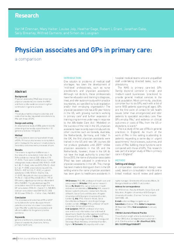 (PDF) Physician associates and GPs in primary care: a comparison