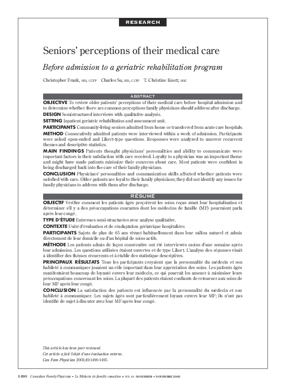 (PDF) Seniors' perceptions of their medical care