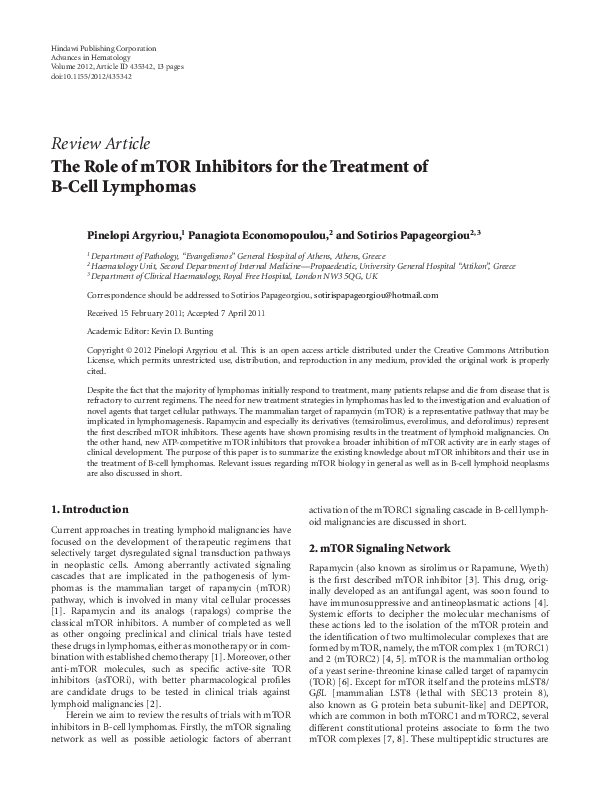 (PDF) The Role of mTOR Inhibitors for the Treatment of B-Cell Lymphomas