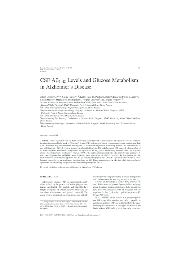 (PDF) CSF Aβ₁₋₄₂ levels and glucose metabolism in Alzheimer's disease