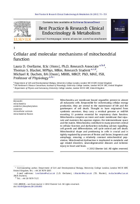 (PDF) Cellular and molecular mechanisms of mitochondrial function