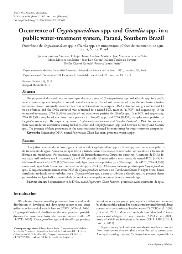 (PDF) Occurrence of Cryptosporidium spp. and Giardia spp. in a public ...