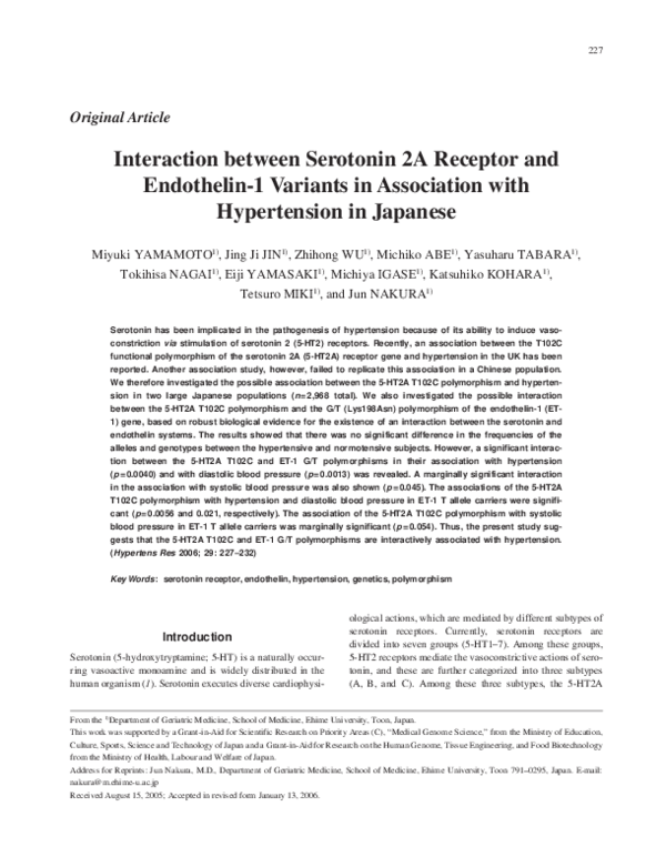 (PDF) Interaction between Serotonin 2A Receptor and Endothelin-1 ...