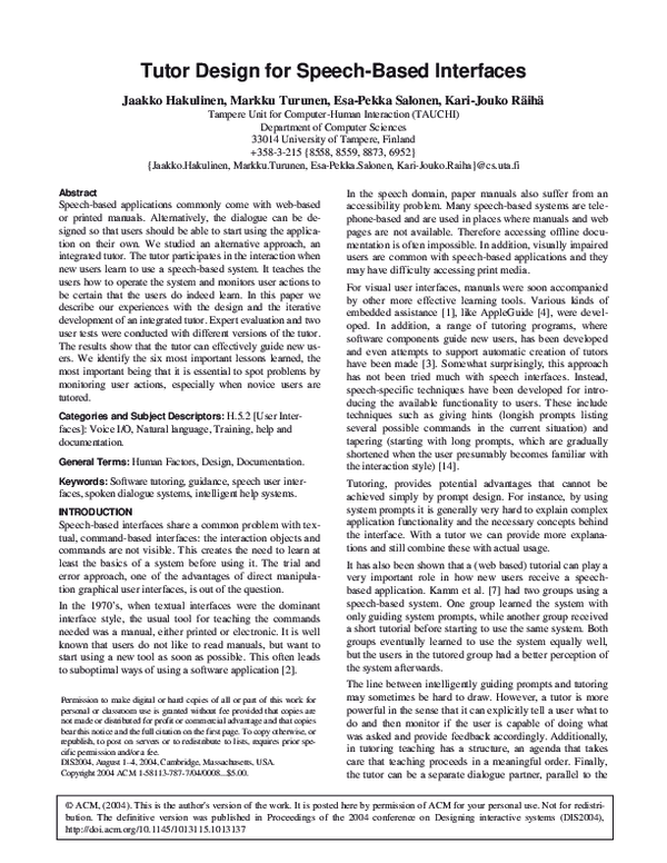 (PDF) Tutor design for speech-based interfaces