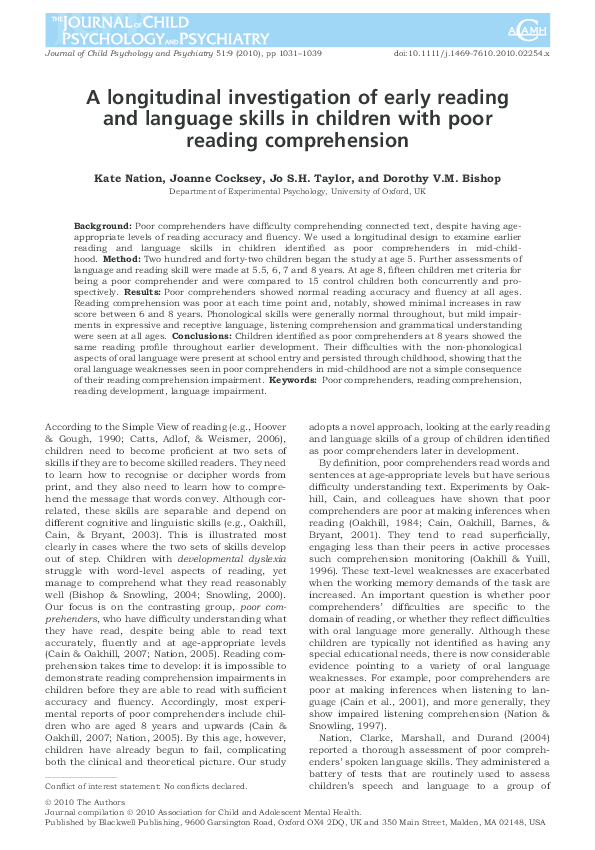 (PDF) A longitudinal investigation of early reading and language skills ...
