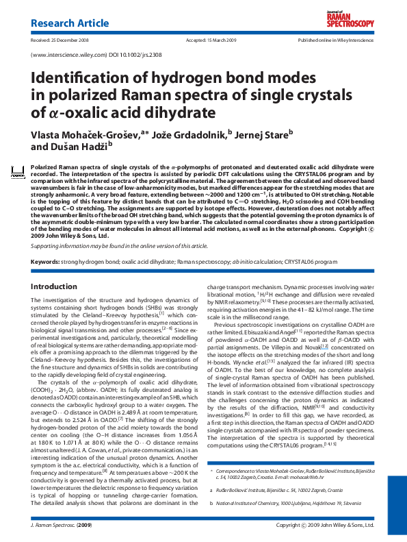 (PDF) Identification of hydrogen bond modes in polarized Raman spectra ...
