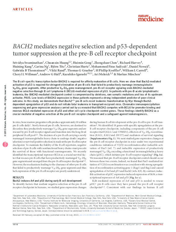 (PDF) BACH2 mediates negative selection and p53-dependent tumor ...