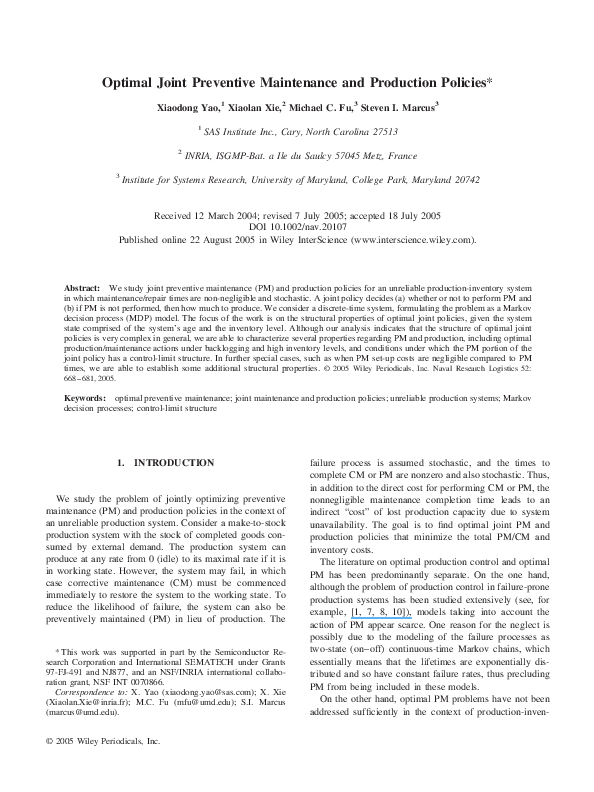 (PDF) Optimal joint preventive maintenance and production policies