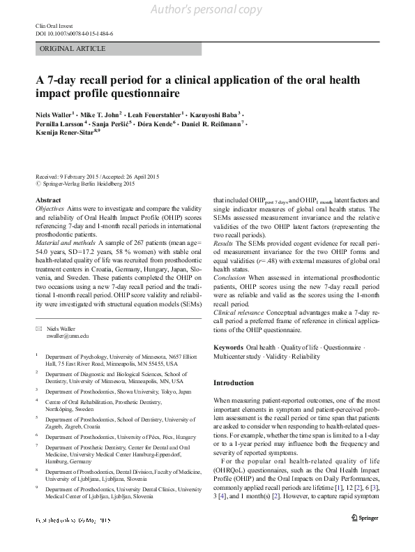 (PDF) A 7day recall period for a clinical application of the oral