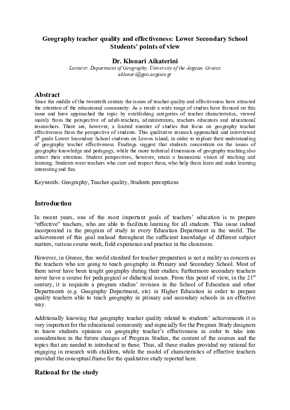 (PDF) Geography teacher quality and effectiveness Lower Secondary