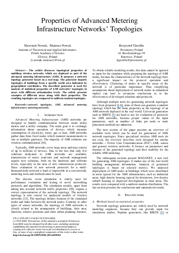 (PDF) Properties of advanced metering infrastructure networks' topologies