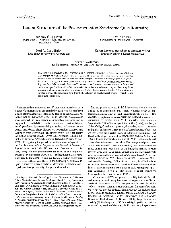 (PDF) Latent structure of the Postconcussion Syndrome Questionnaire