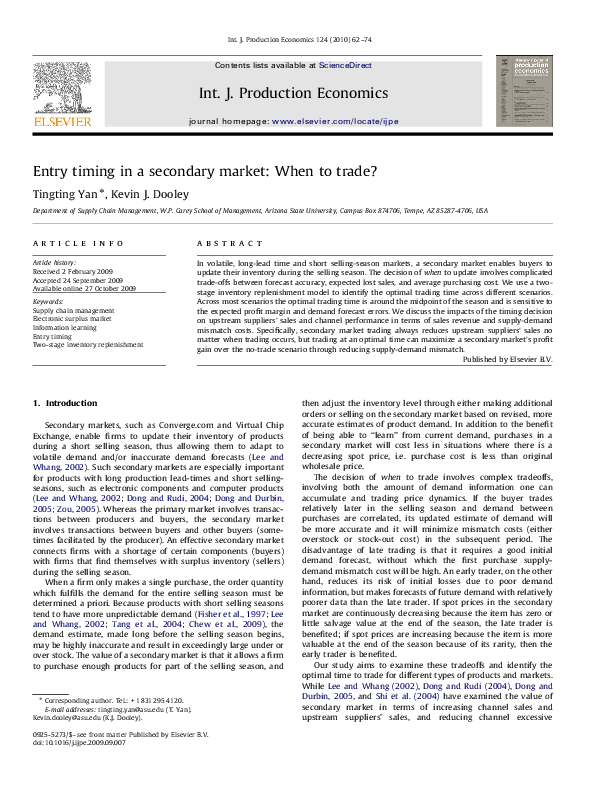 (PDF) Entry timing in a secondary market: When to trade?