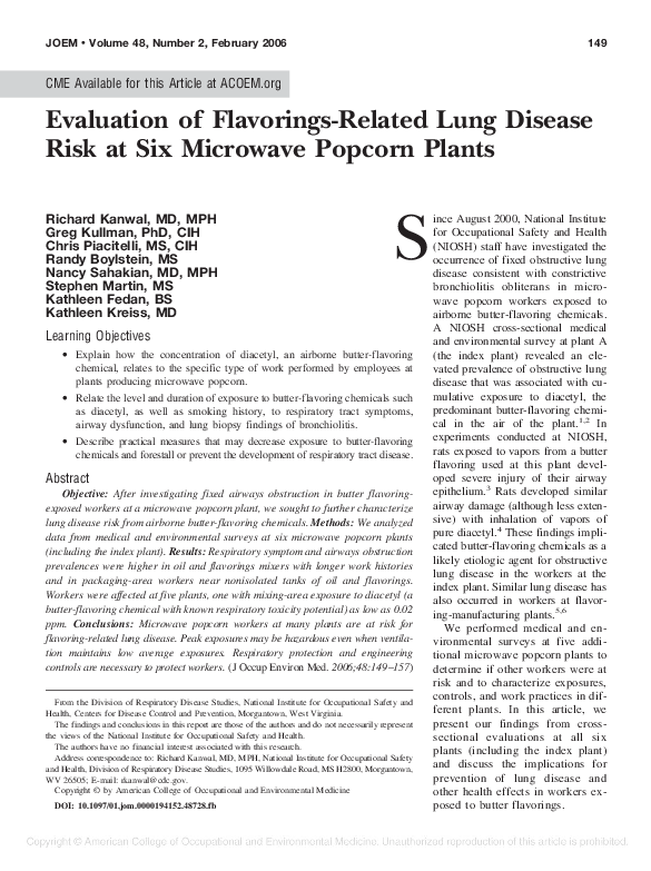 (PDF) Evaluation of FlavoringsRelated Lung Disease Risk at Six Microwave Popcorn Plants
