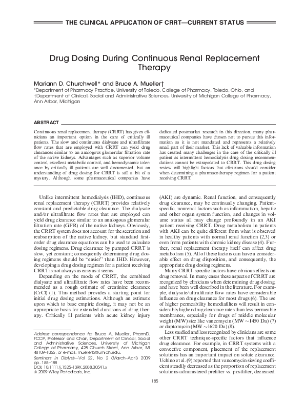 (PDF) Drug Dosing During Continuous Renal Replacement Therapy