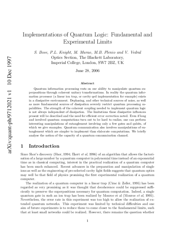 (PDF) Implementations of quantum logic: fundamental and experimental limits
