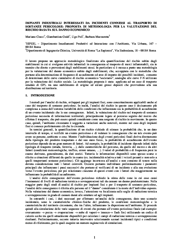 (PDF) IMPIANTI INDUSTRIALI INTERESSATI DA INCIDENTI CONNESSI AL TRASPORTO DI SOSTANZE PERICOLOSE