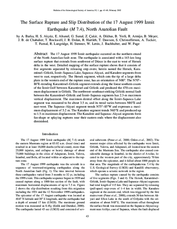 (PDF) The Surface Rupture and Slip Distribution of the 17 August 1999 ...