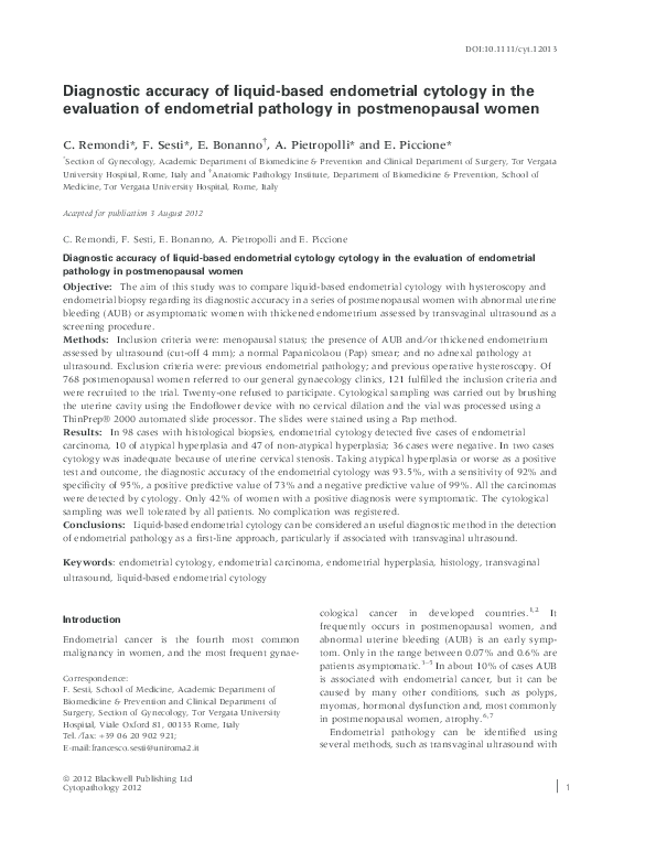 (PDF) Diagnostic accuracy of liquid-based endometrial cytology in the ...
