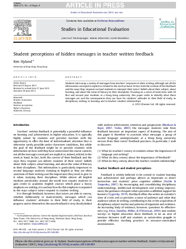 (PDF) Student perceptions of hidden messages in teacher written feedback