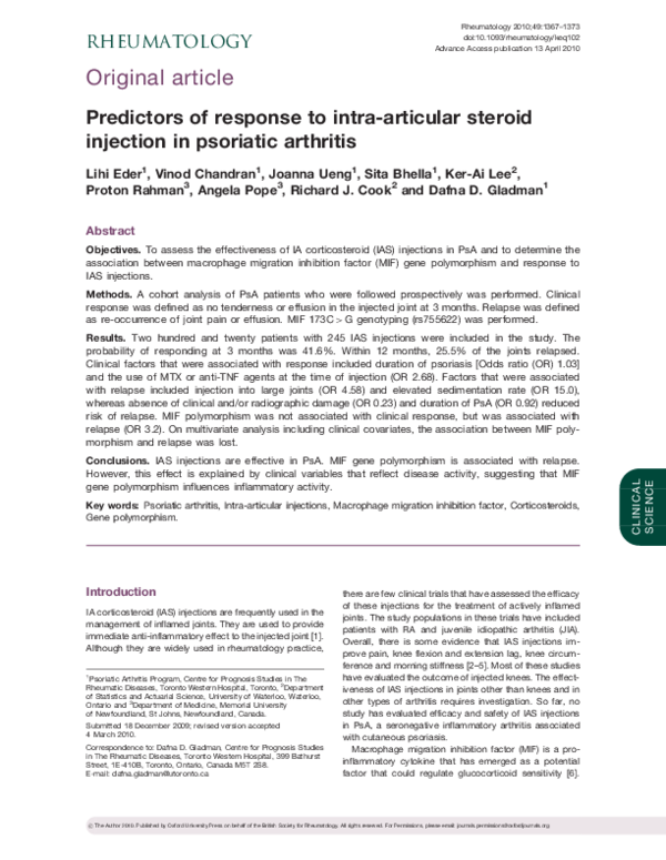 (PDF) Predictors of response to intraarticular steroid injection in