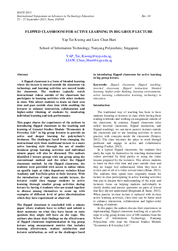 (PDF) FLIPPED CLASSROOM FOR ACTIVE LEARNING IN BIG GROUP LECTURE