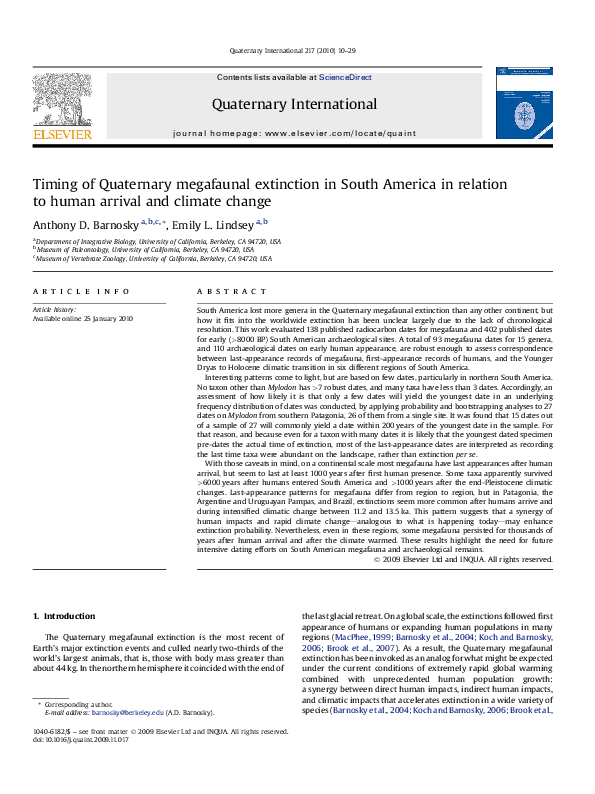 (PDF) Timing of Quaternary megafaunal extinction in South America in ...